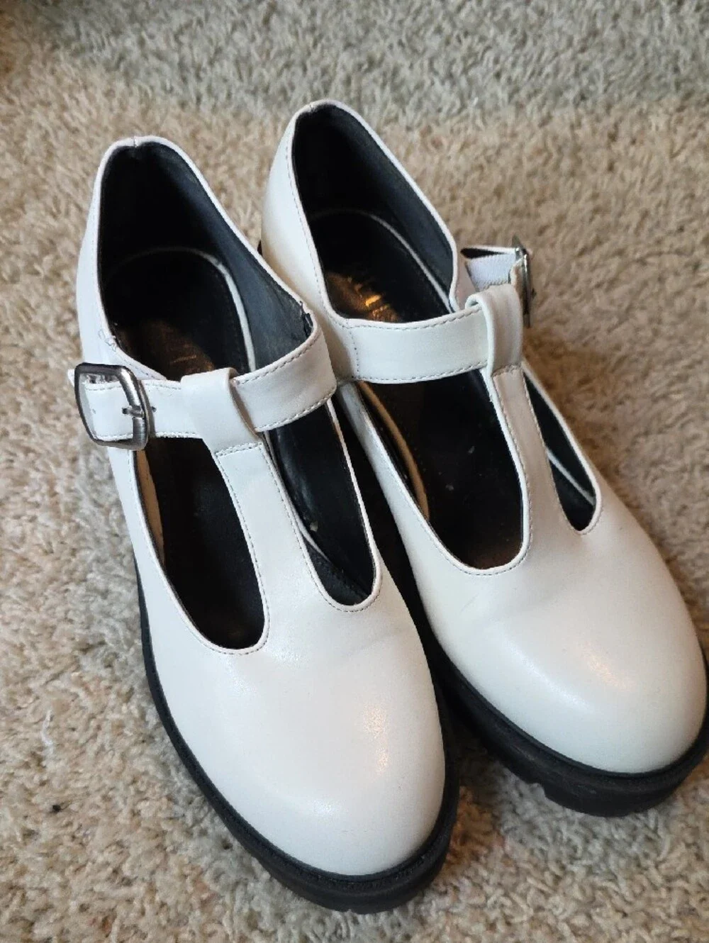 White T-Strap Platform Mary Jane Heels with Black Lug Sole Size 7.5